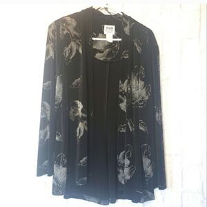 R&M RICHARDS PETITE Glittery Leaf Print Jersey-Knit Open Front Jacket